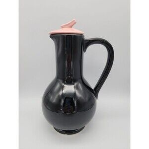 VTG McCoy Pottery Carafe Pitcher Vase High Gloss Black Ebony with Pink Lid